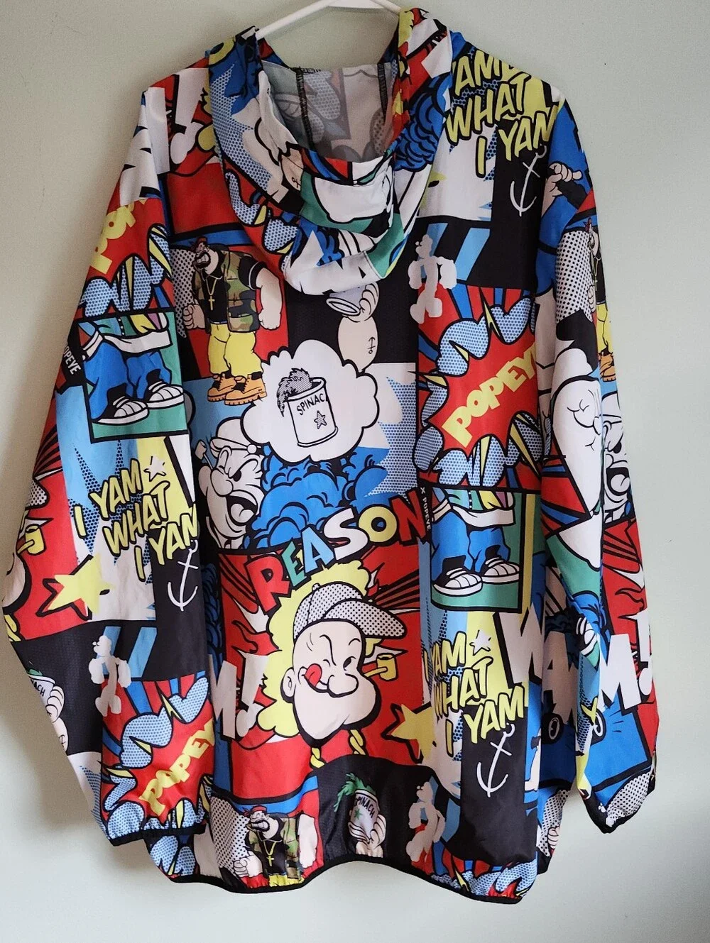 REASON POPEYE Comic Allover Print Multicolor Windbreaker 1/4 Zip Hood Mens 3XL
